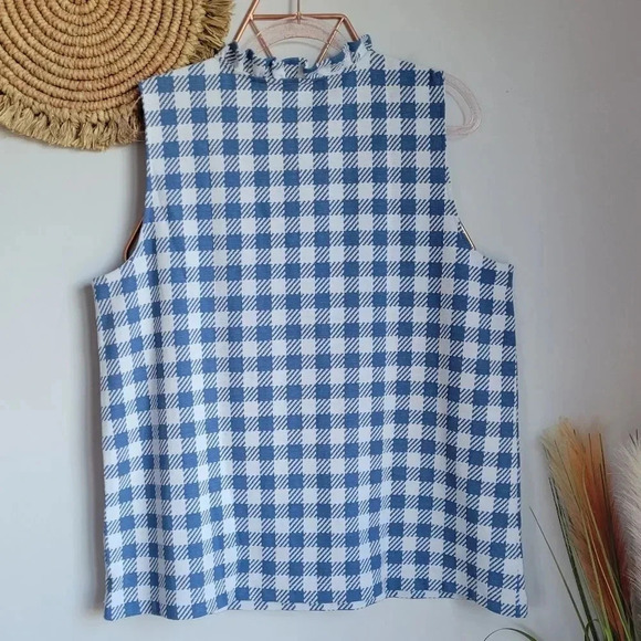 Ann Taylor, New, Blue & White Plaid Ruffle Neck Button Shell Knit Top Size XL - Picture 6 of 11